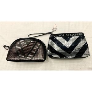 2 New Victoria's Secret Black and Silver Sequin Clutch & Make Up Bag. NWT
